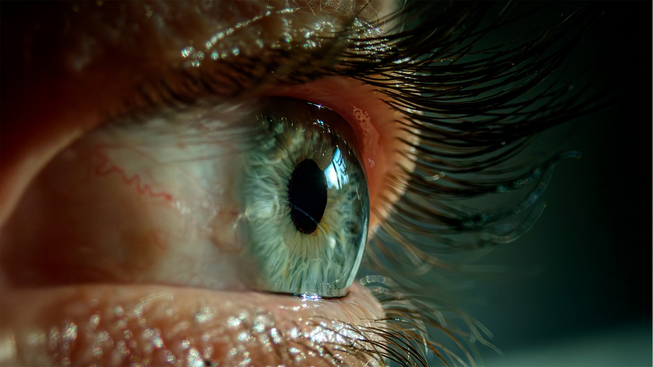 A closeup of a human's green eye.